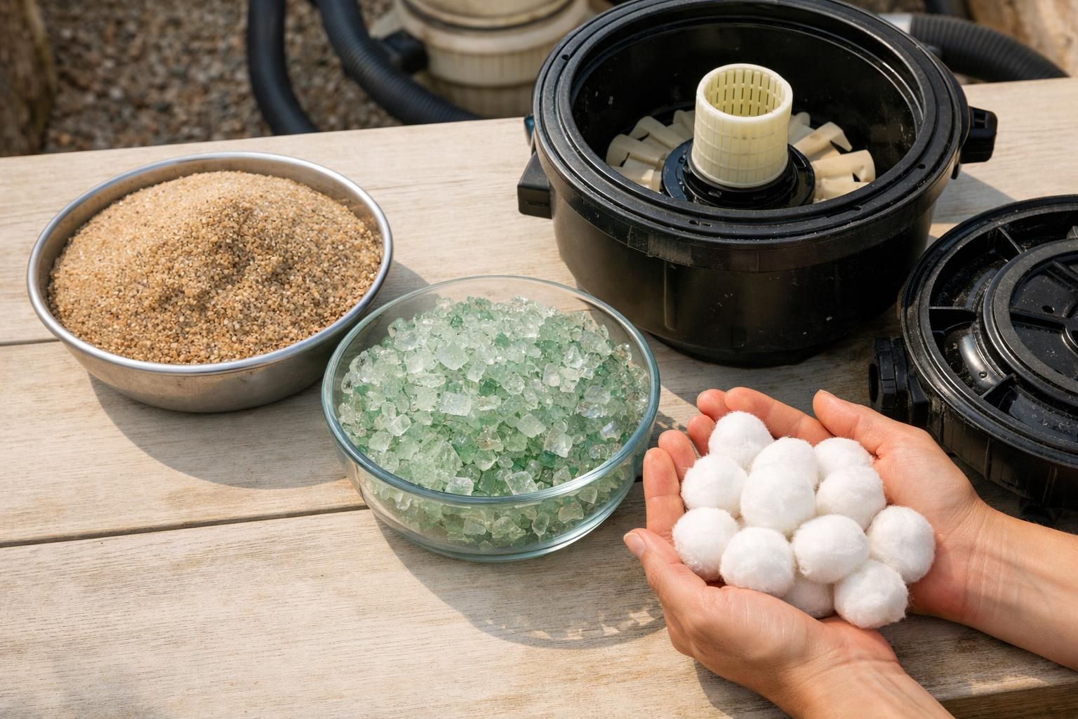 Pool filter media with sand, glass beads, and cotton balls