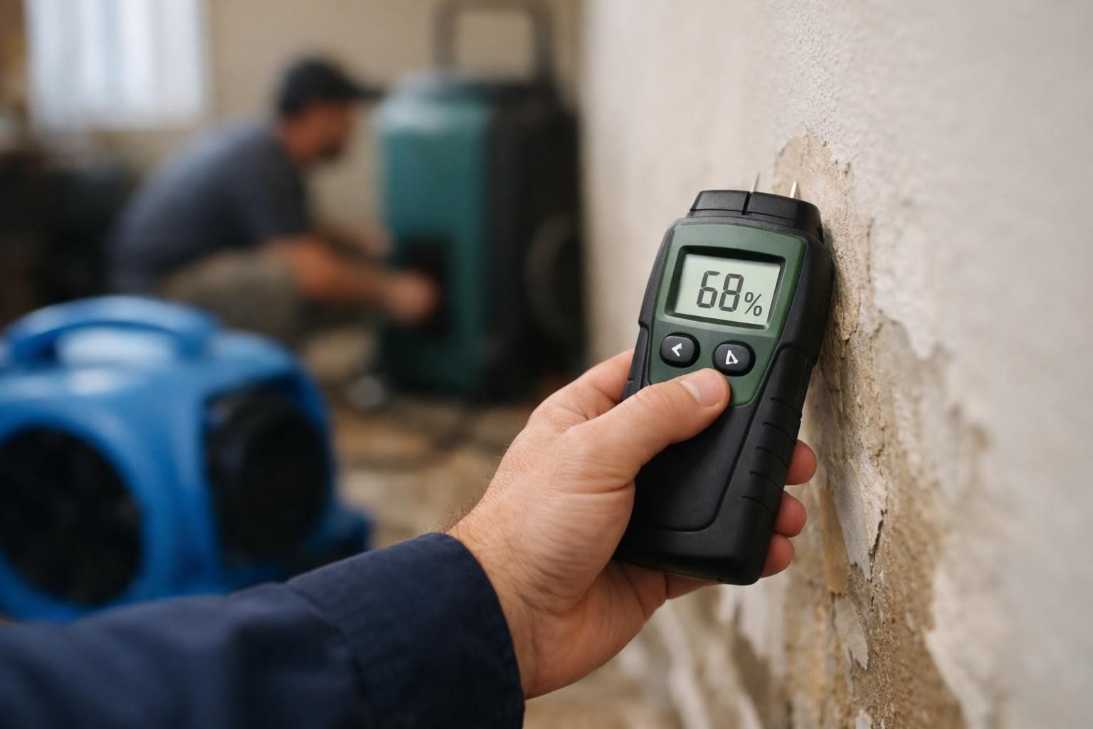 Hand holds moisture meter reading 68 percent on wall