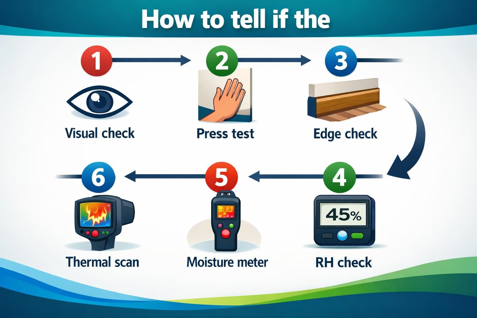 Infographic showing six steps: visual, press, edge, RH, moisture, thermal.