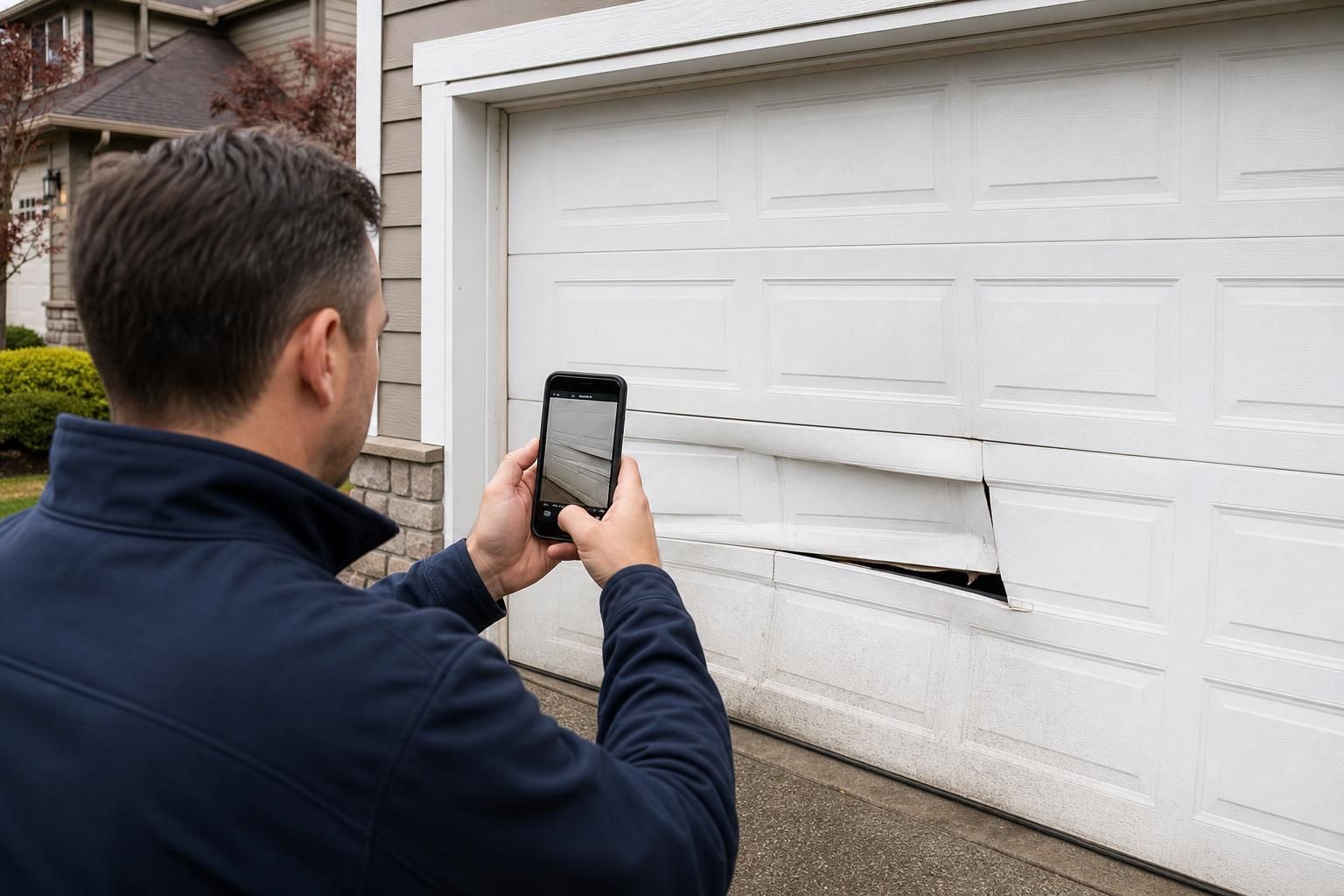 Man photographs cracked white garage door panel with smartphone