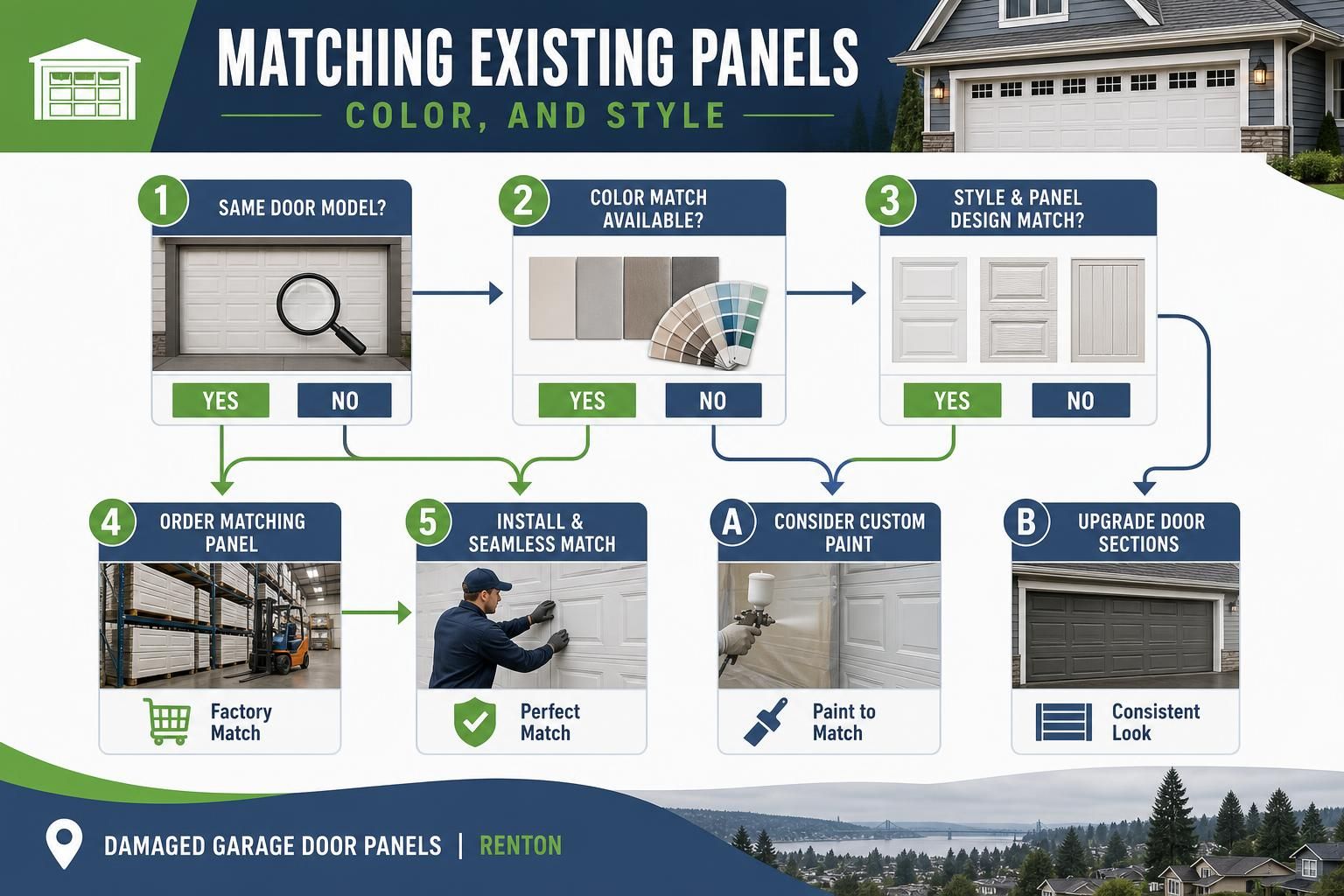 Flowchart comparing garage door model, color swatches, and panel styles
