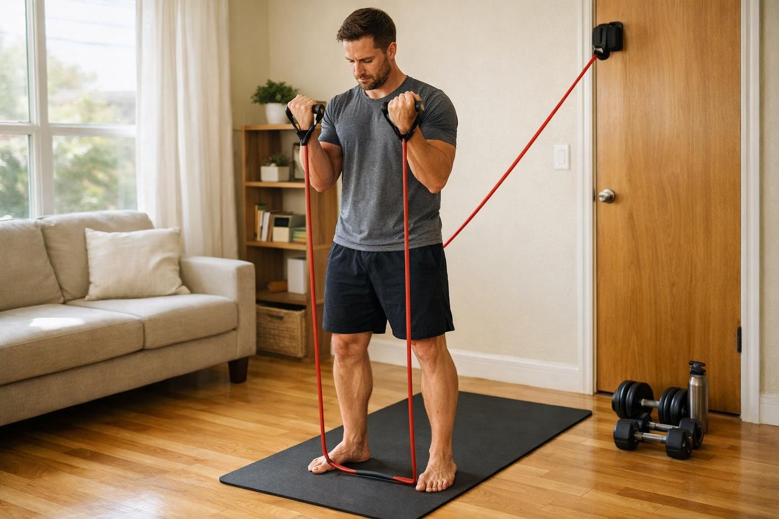 Man doing bicep curls with red resistance bands indoors