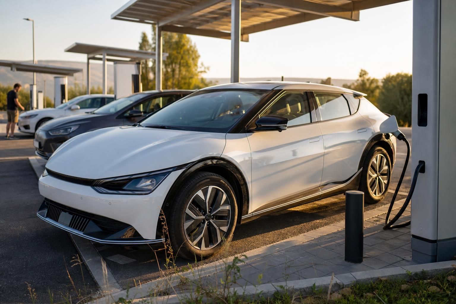 Bela električna kola se pune na stanici pored drugog automobila