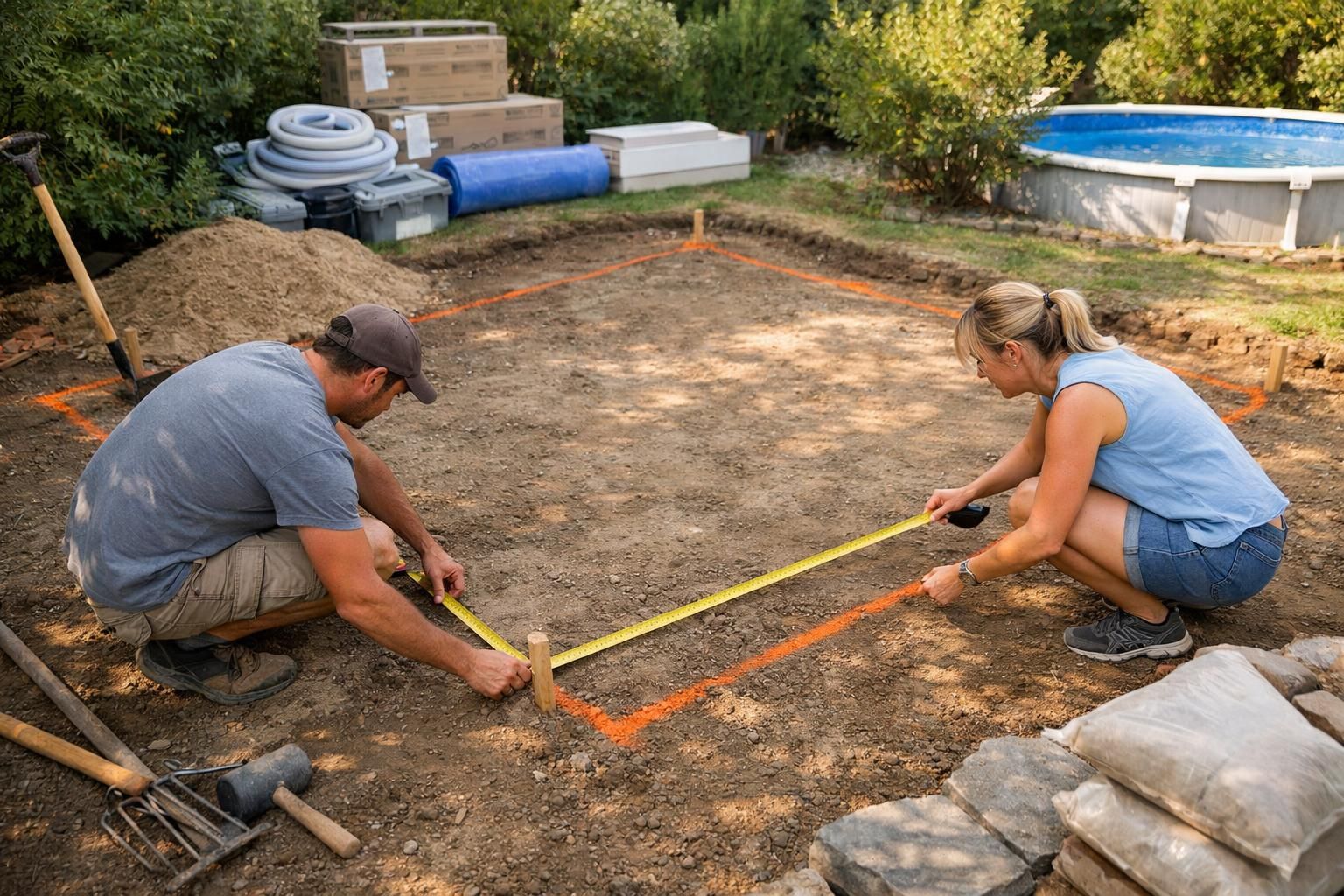 Two people measuring marked dirt area with tape measure