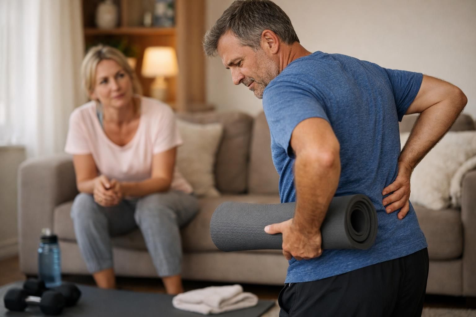 Man holding yoga mat and clutching lower back pain
