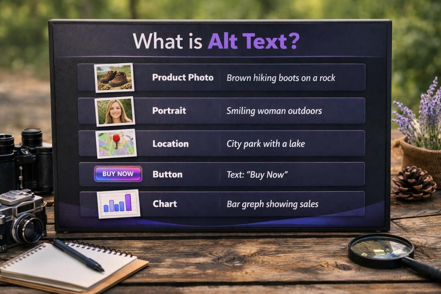 Poster explaining alt text examples on wooden desk