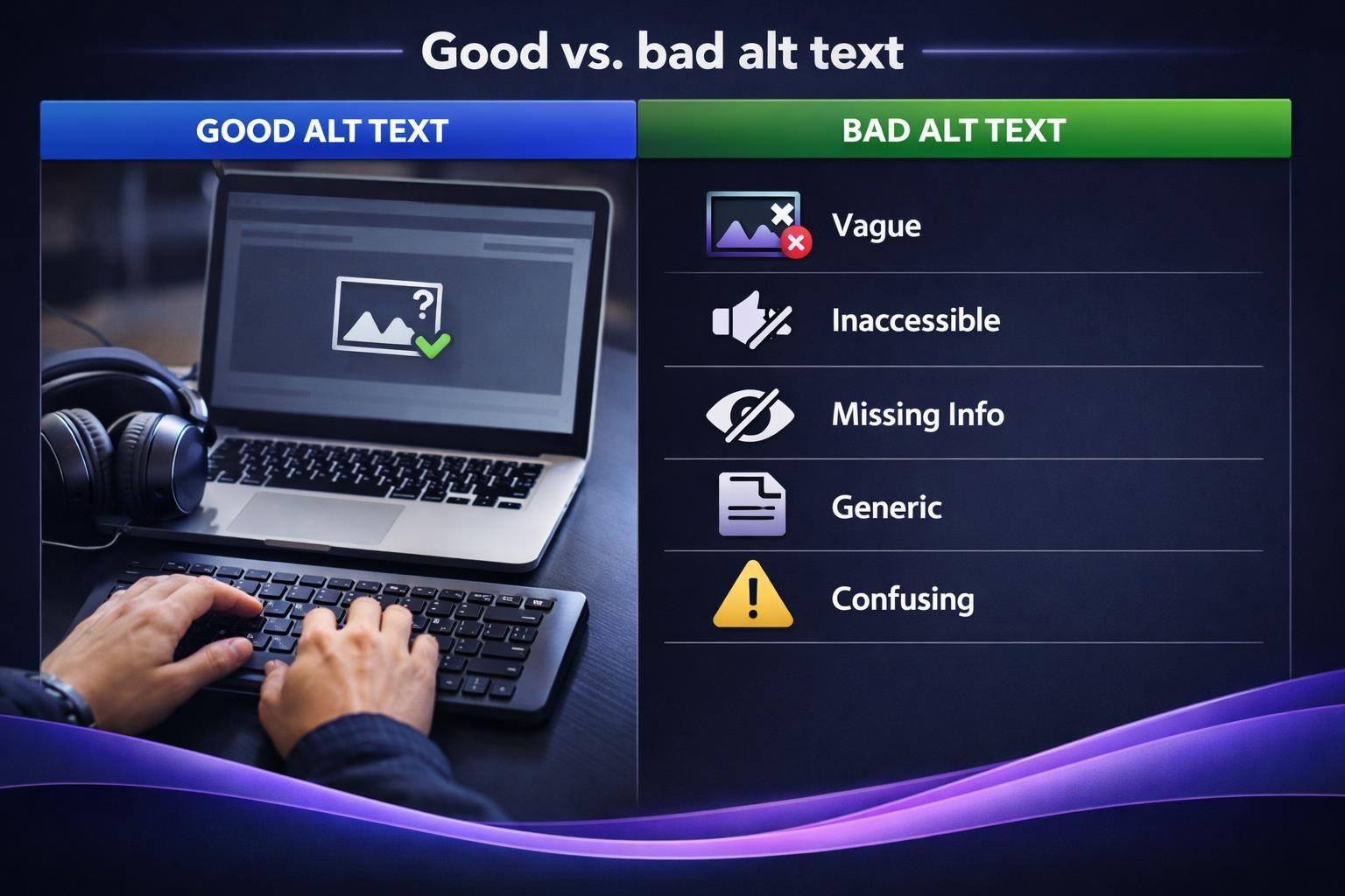 Good vs bad alt text graphic with laptop and checklist