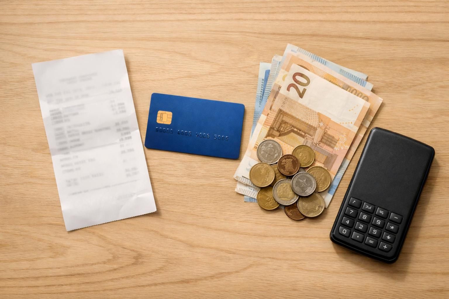 Receipt, blue credit card, euro cash, coins, calculator on desk
