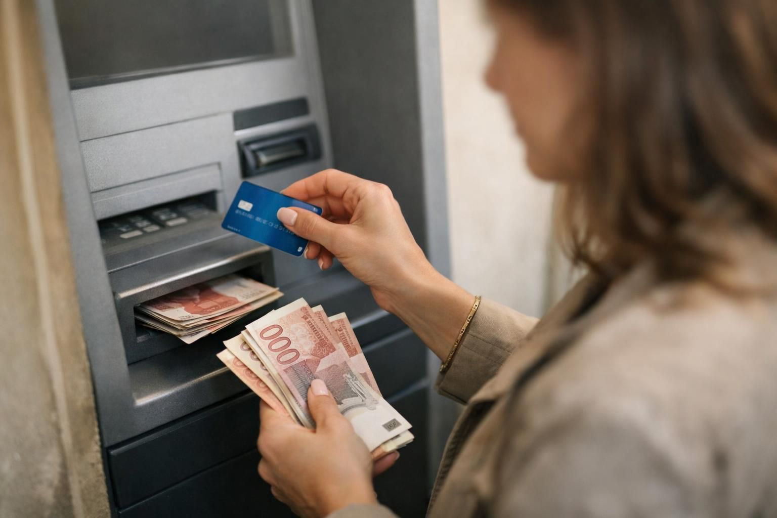 Woman holding blue bank card and cash at ATM