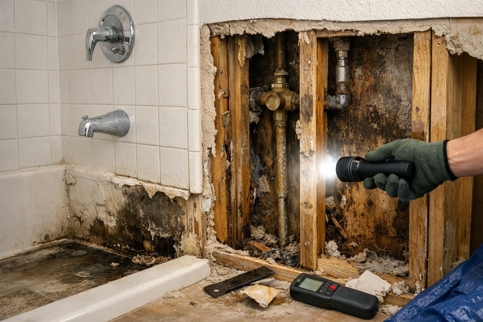 Gloved hand shines flashlight on moldy bathroom wall studs