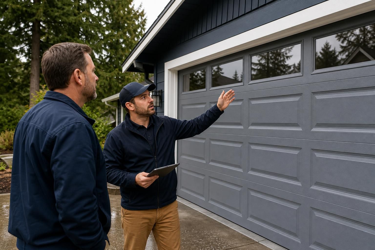 Contractor with clipboard discusses gray garage door windows with homeowner