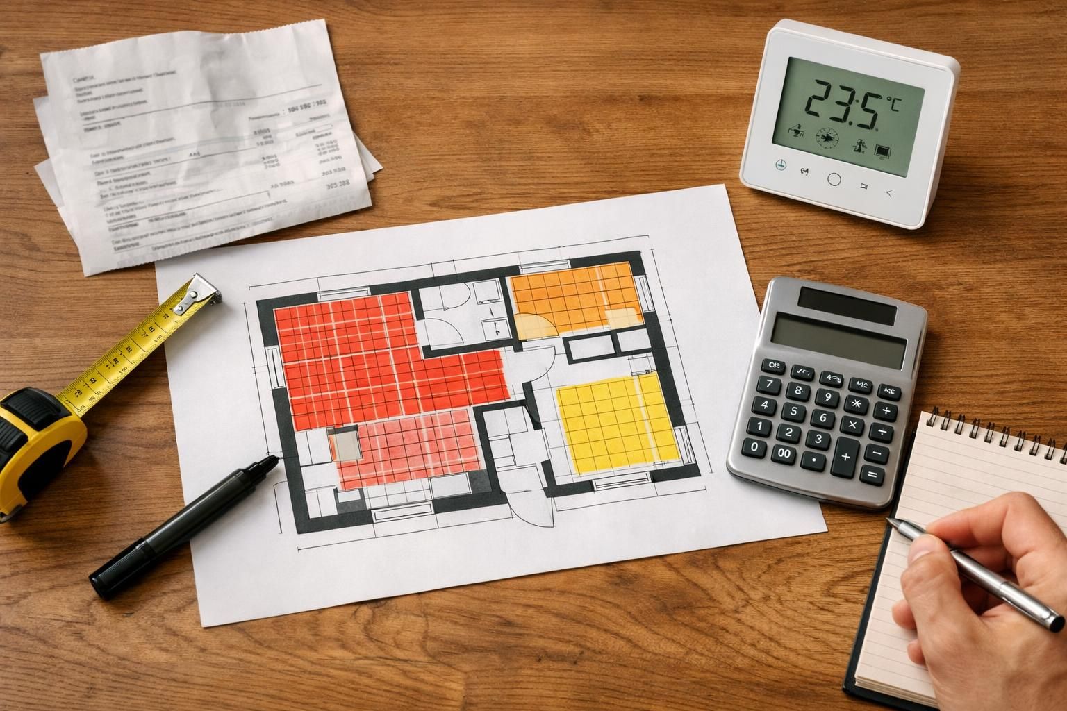 House floor plan with calculator, tape measure, and notepad
