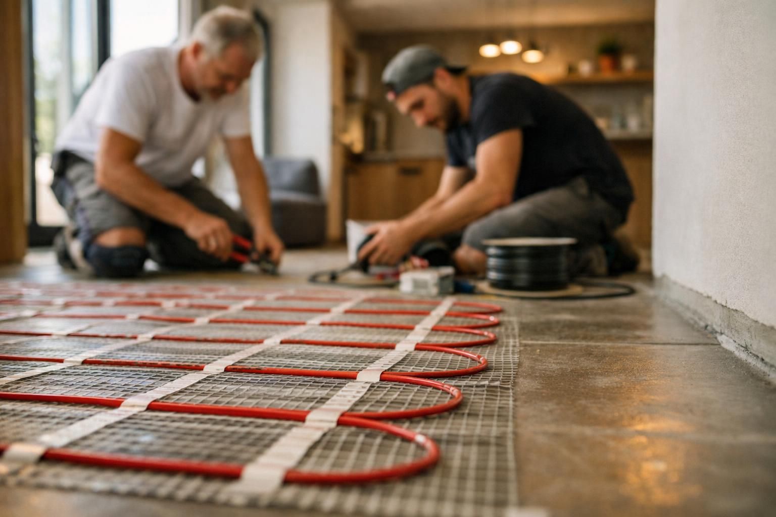 Two workers installing red underfloor heating pipes on mesh