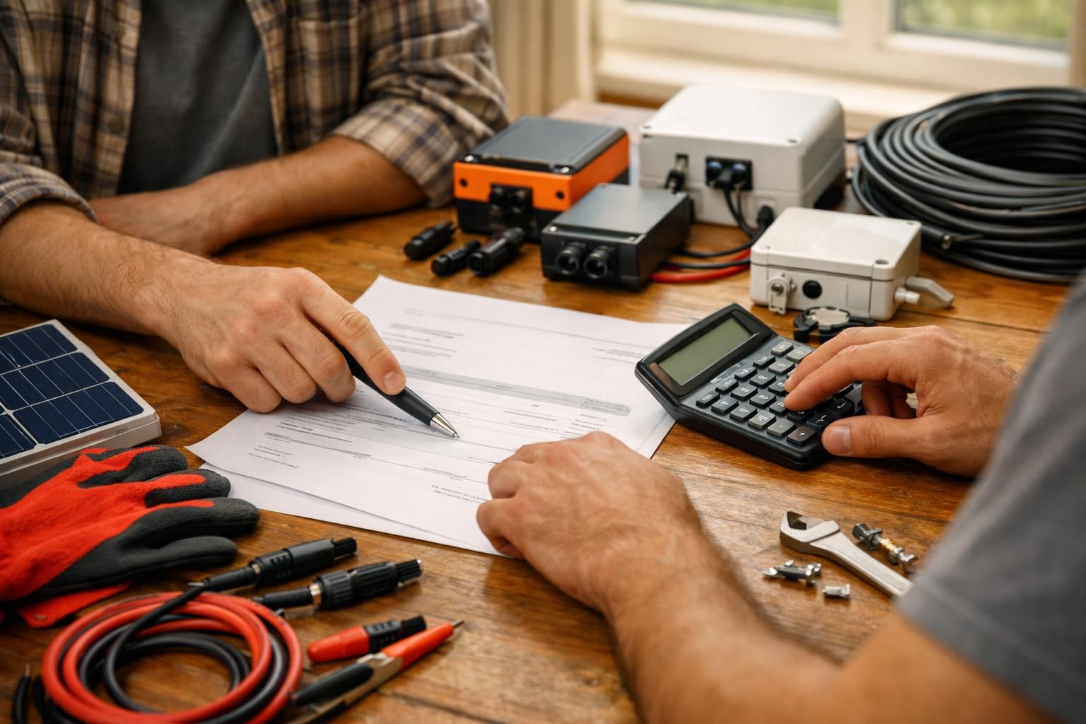Hands reviewing paperwork with calculator and electrical components on table