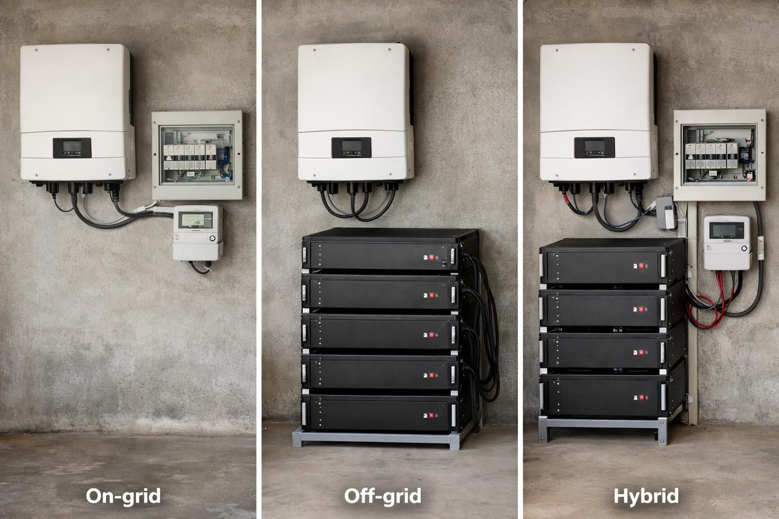 Three solar inverter setups labeled on-grid, off-grid, hybrid