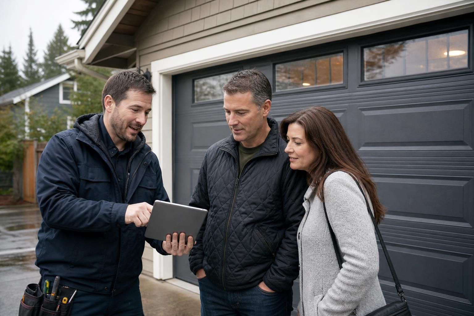 Technician shows tablet estimate to homeowners beside garage door