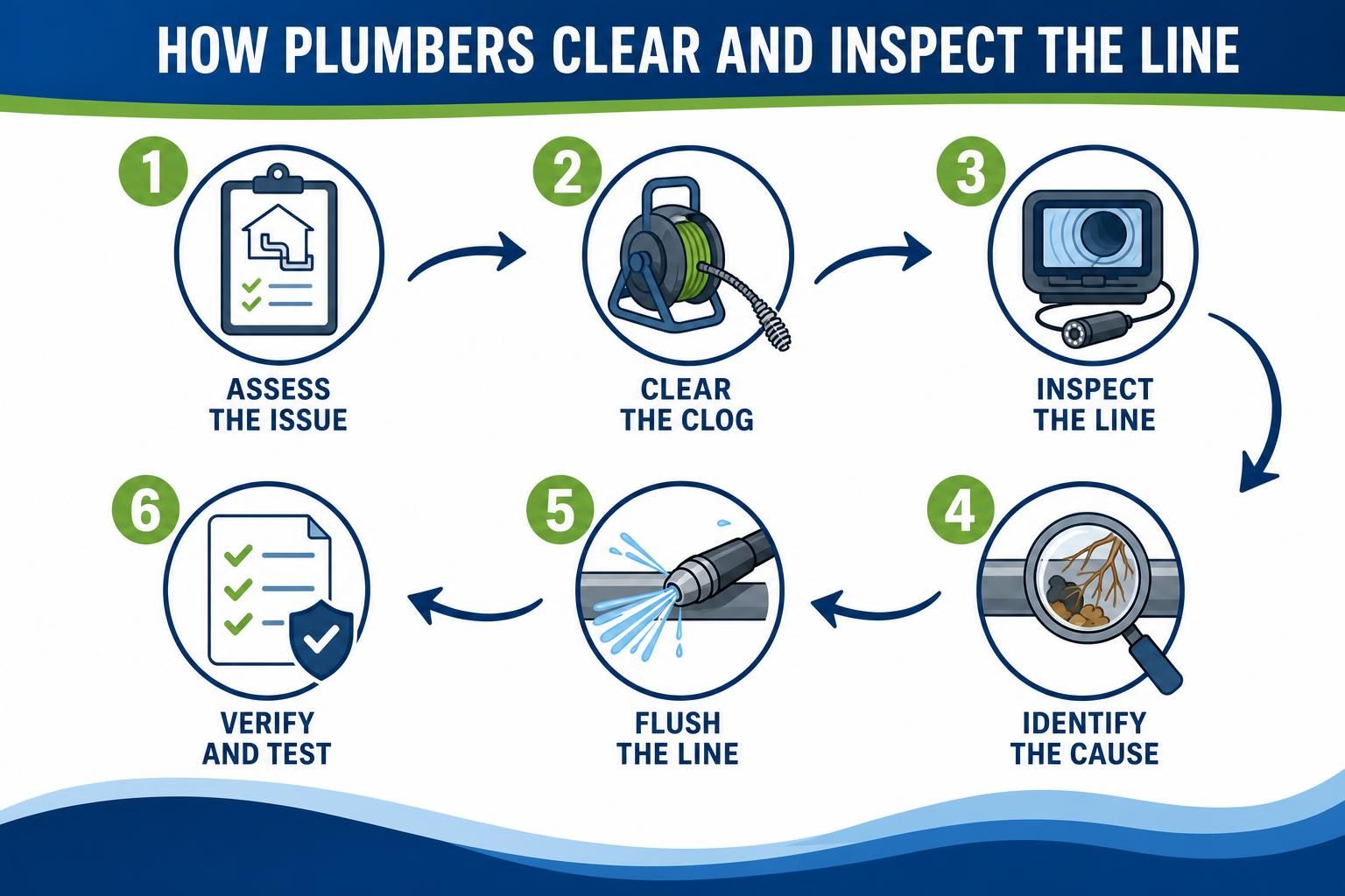 Sewer line assessment, drain snake, camera inspection, and flushing
