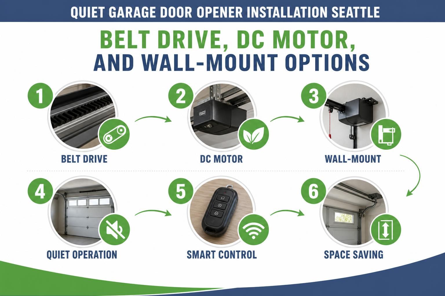 Infographic shows belt drive, DC motor, wall mount, and remote control