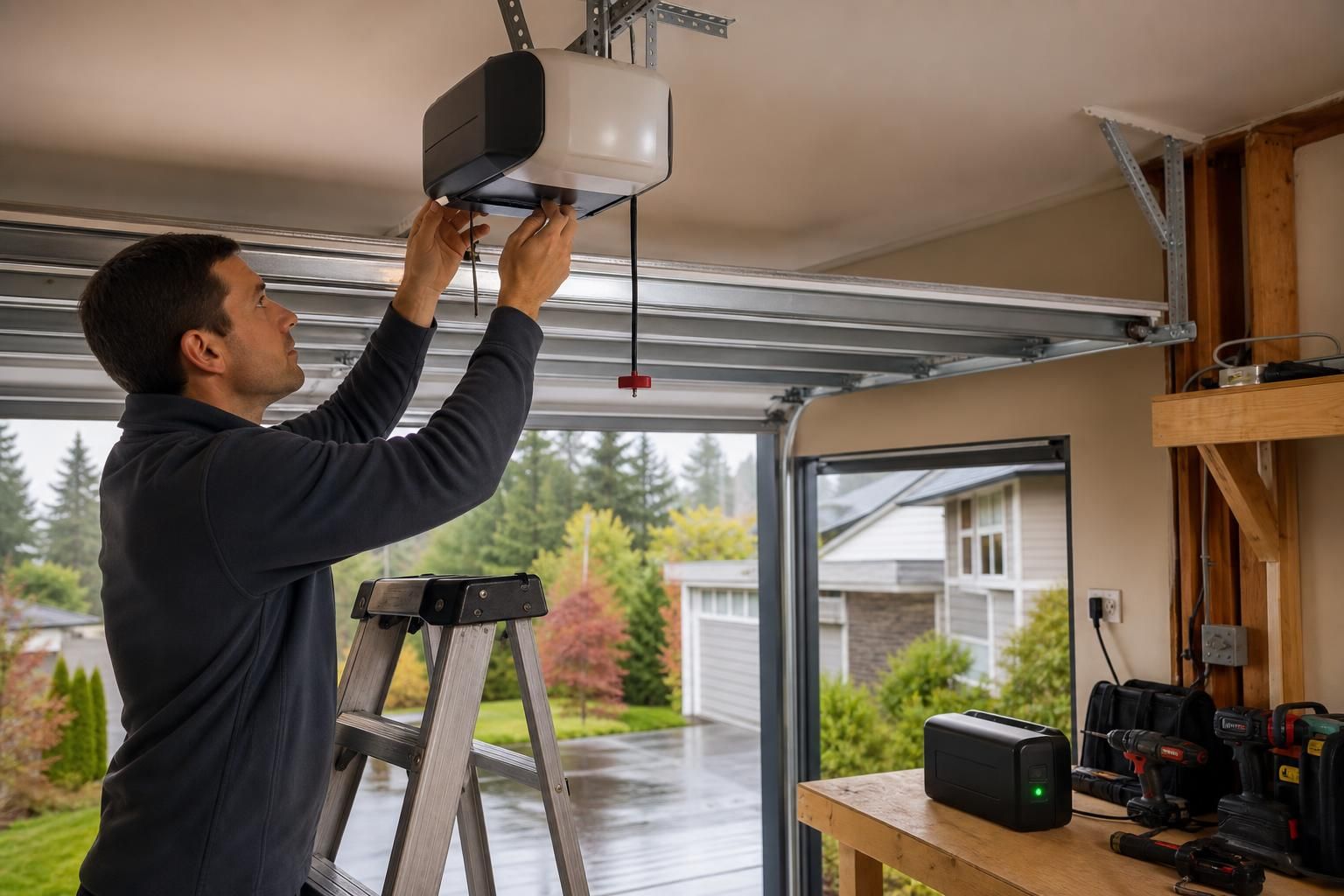 Technician adjusts garage door opener beside ladder and battery backup