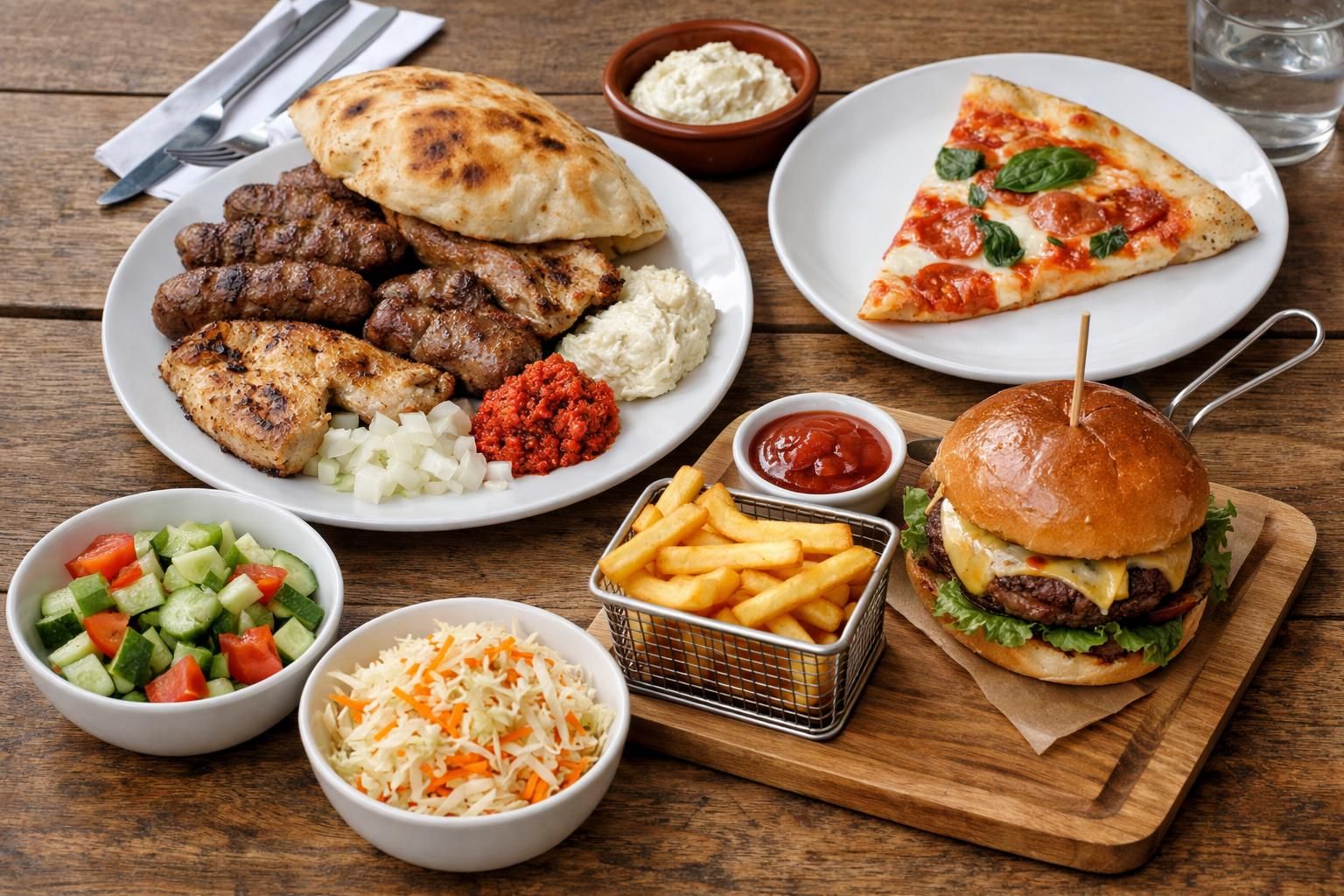 Burger with fries, pizza slice, and grilled meats platter