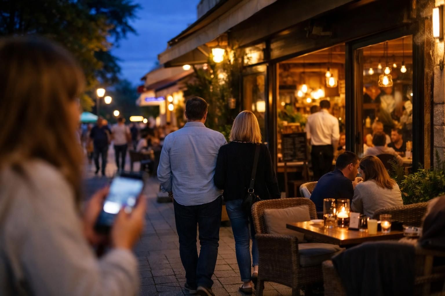 Couple walking past outdoor restaurant tables at dusk