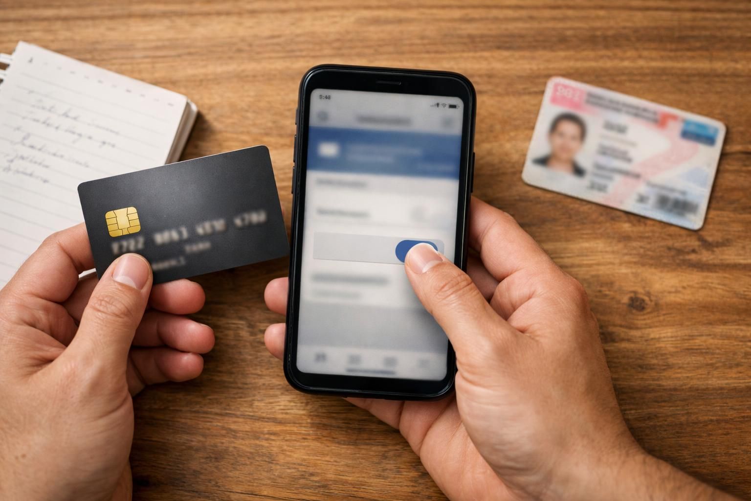 Hands holding credit card and smartphone over wooden table