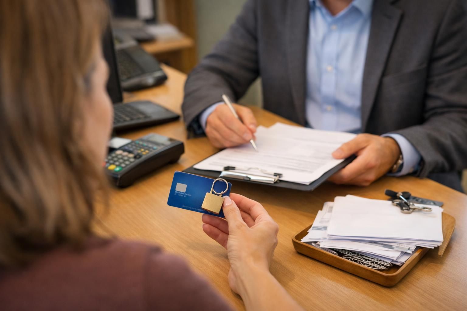 Woman holds blue credit card with padlock at desk
