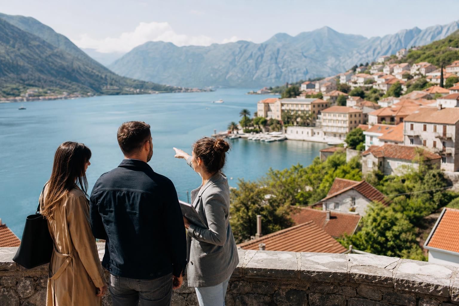 Troje ljudi gleda zaliv i kuće uz obalu