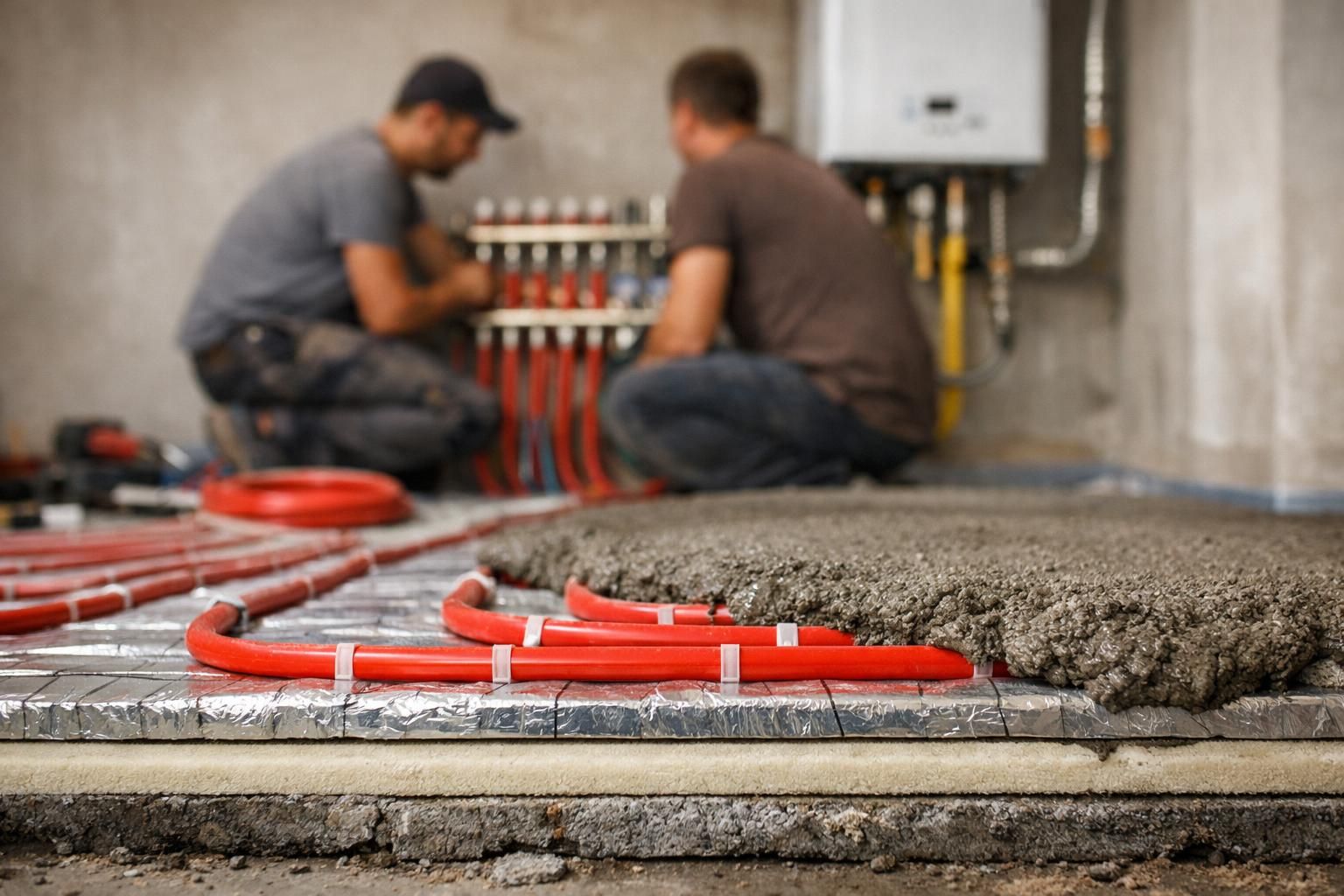 Workers installing red underfloor heating pipes in concrete