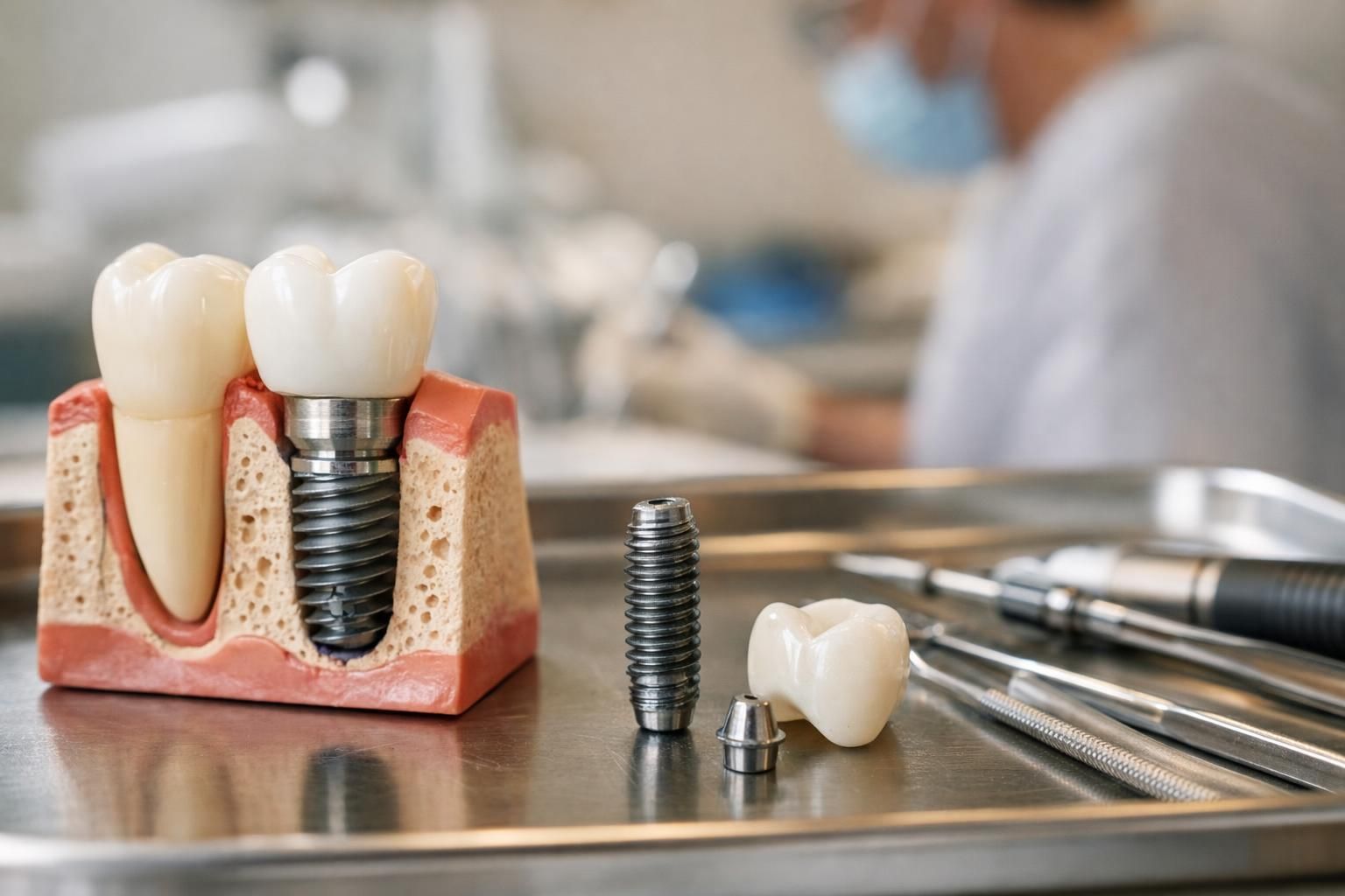 Dental implant model with crown and tools on tray