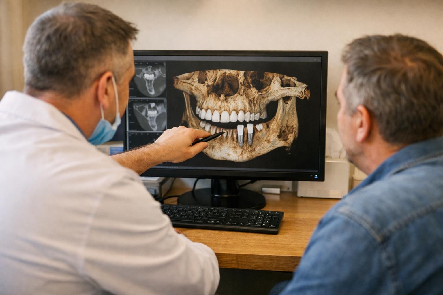Dentist points at jaw scan on computer monitor