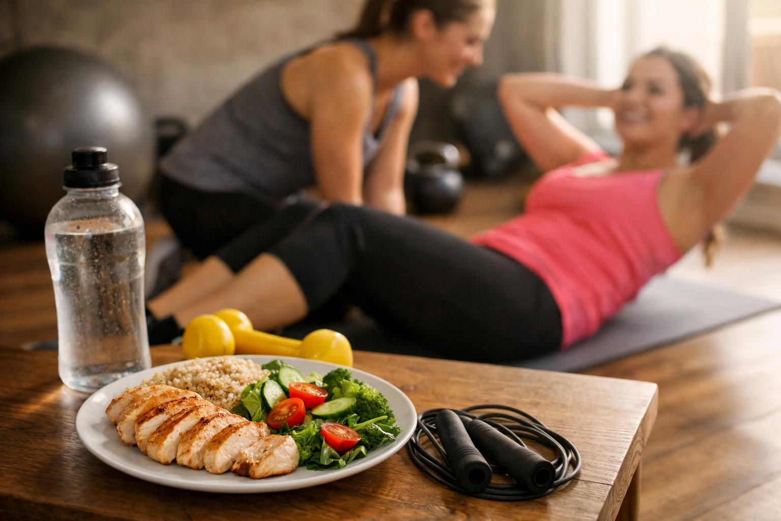 Plate of chicken, salad, and water beside workout mat