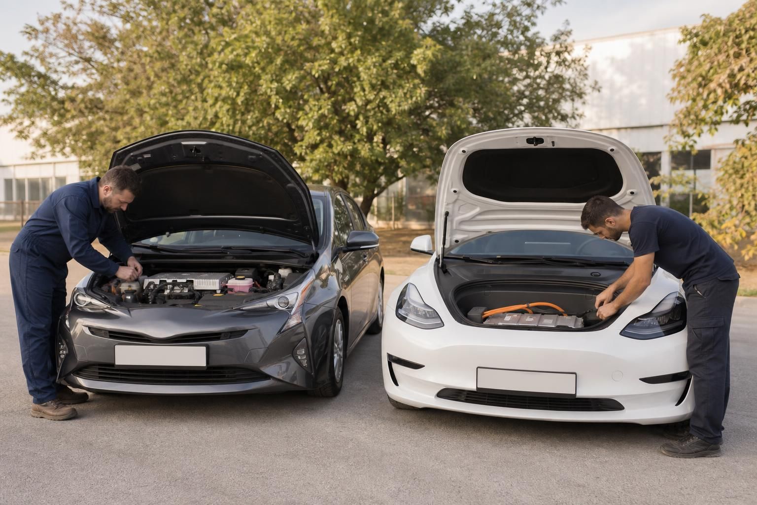 Dva muškarca pregledaju otvorene haube hibridnog i električnog auta