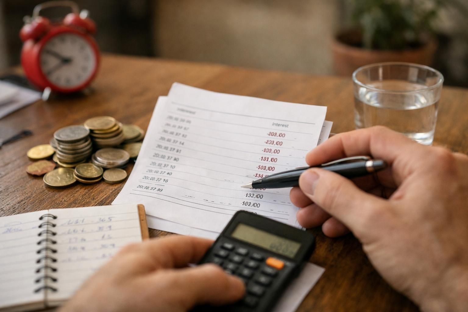 Hands using calculator and pen over bank statement