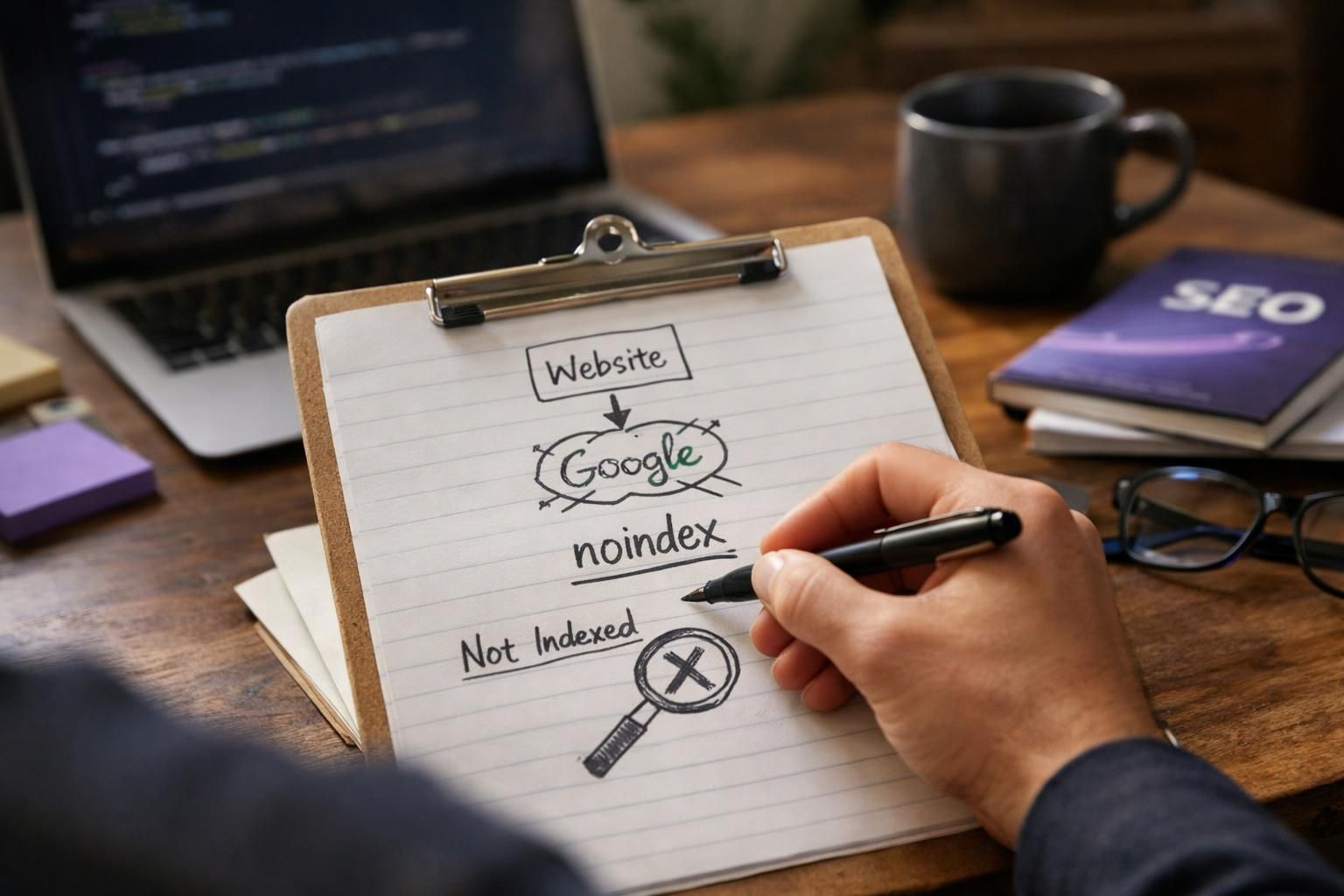 Hand writing noindex note on clipboard beside laptop
