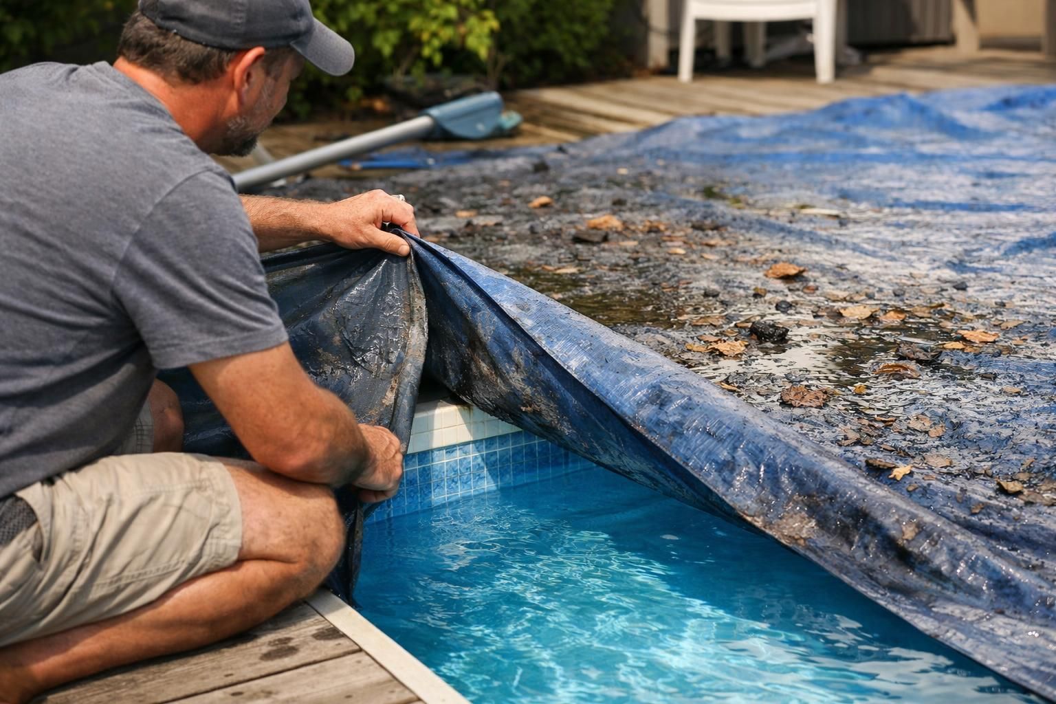 Man lifting dirty blue pool cover on deck