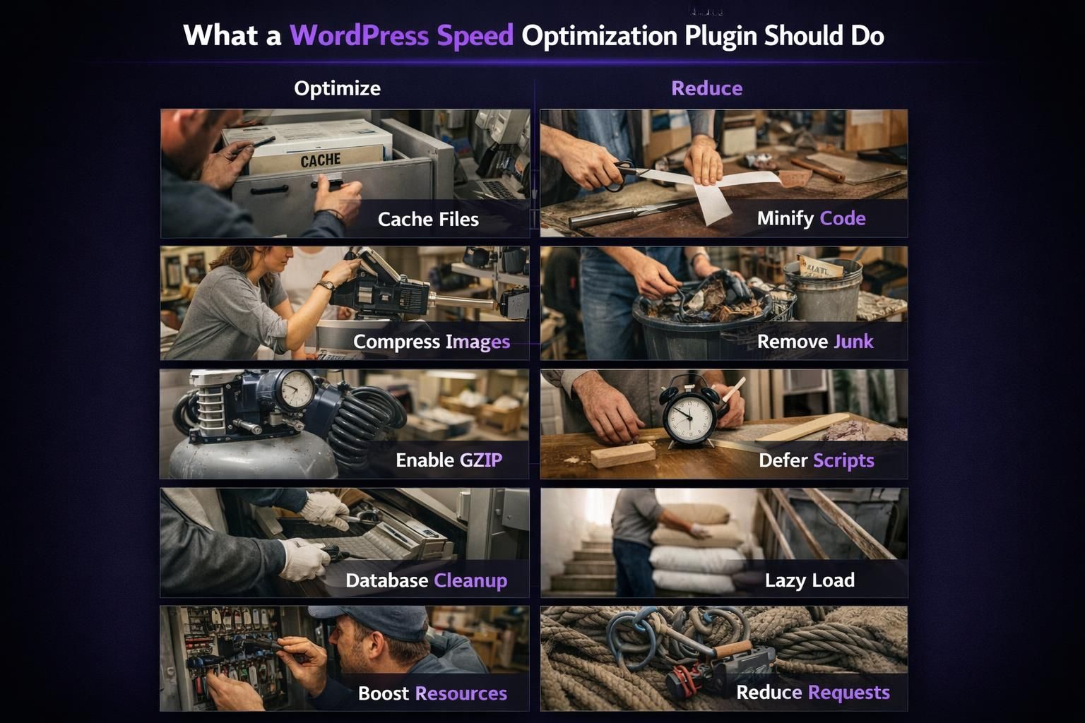Infographic listing WordPress speed plugin tasks and reductions