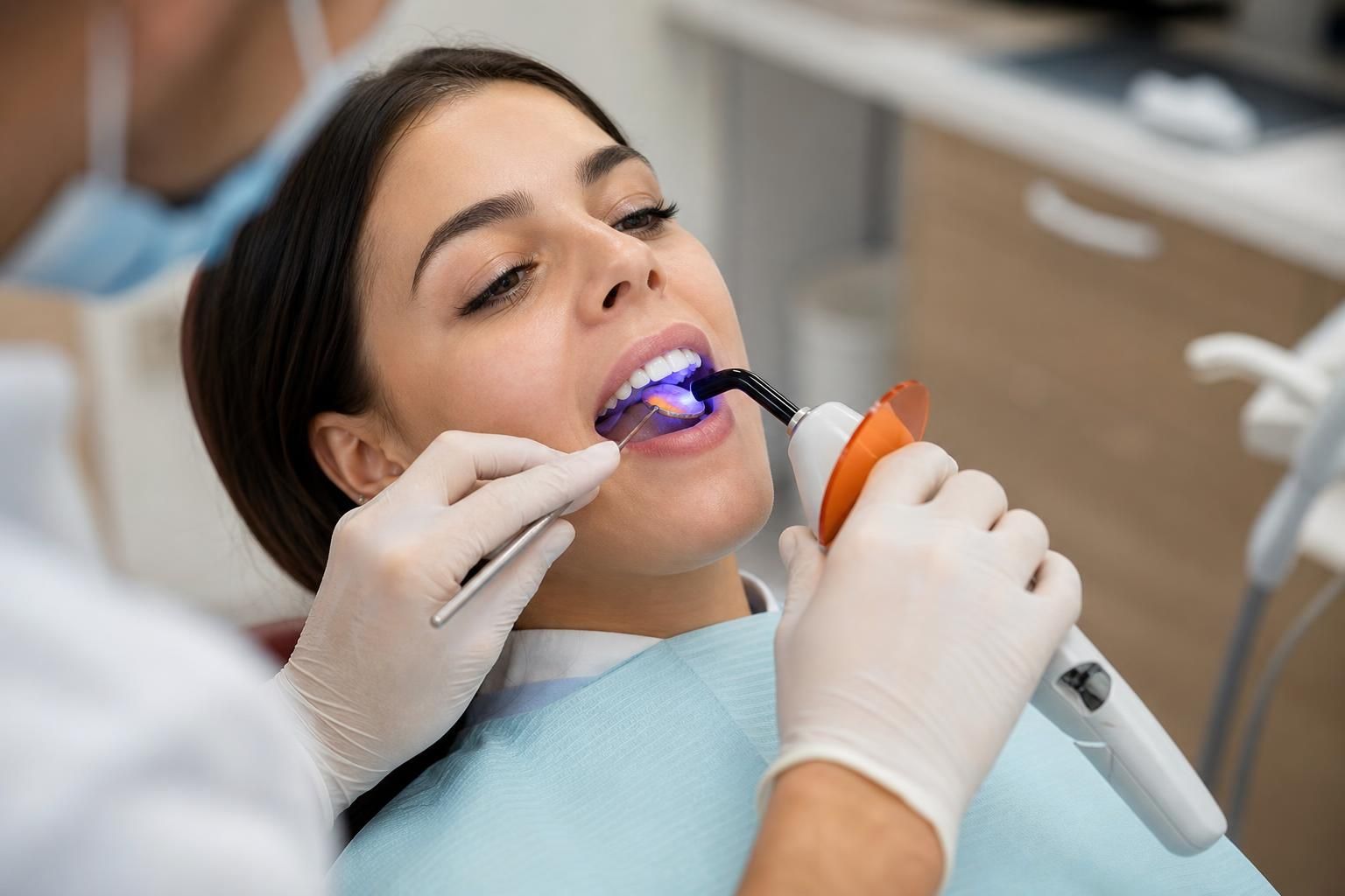Dentist applies bonding resin with curing light on teeth