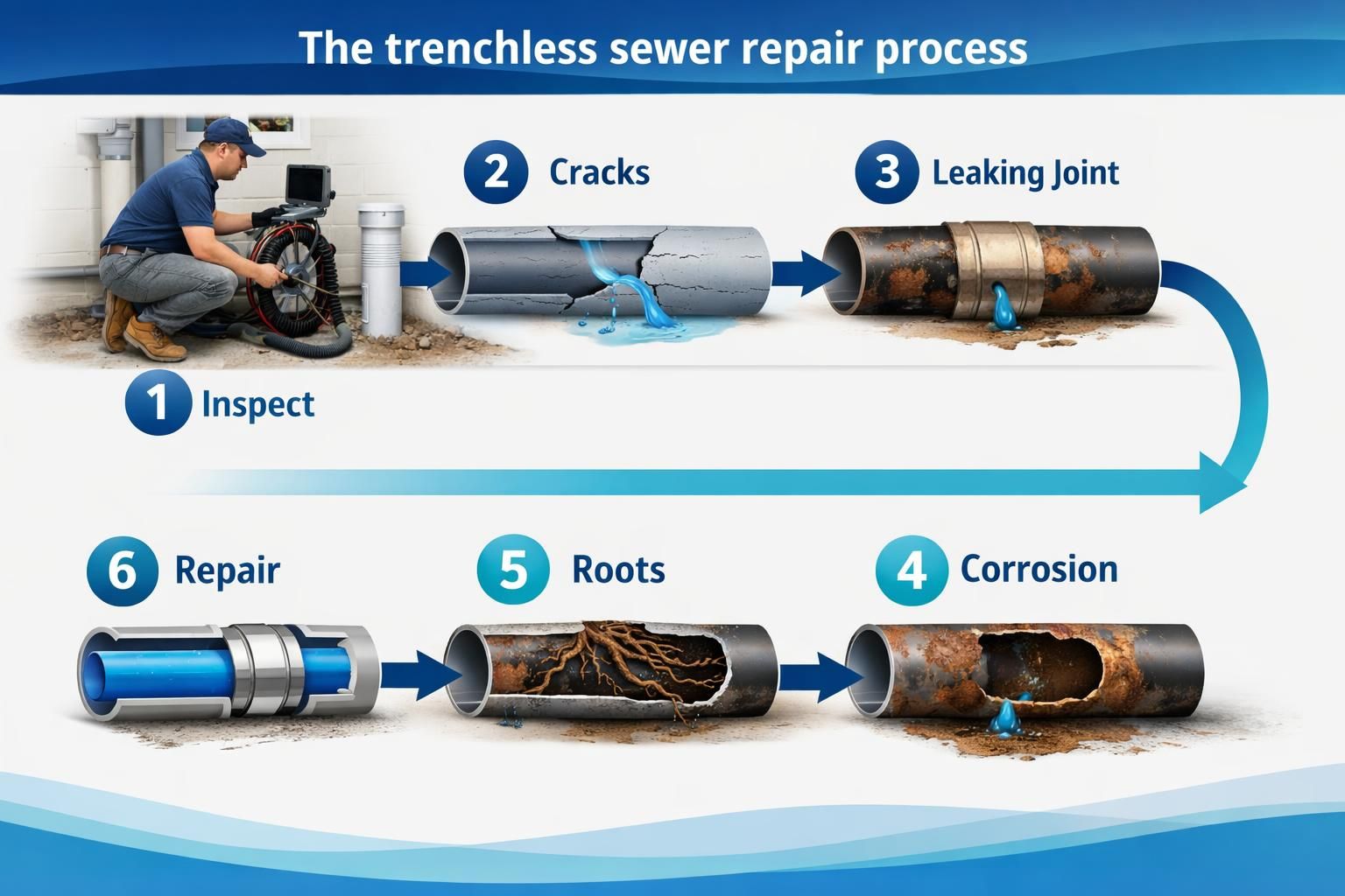 Trenchless sewer repair infographic showing inspection, cracks, corrosion, roots, repair