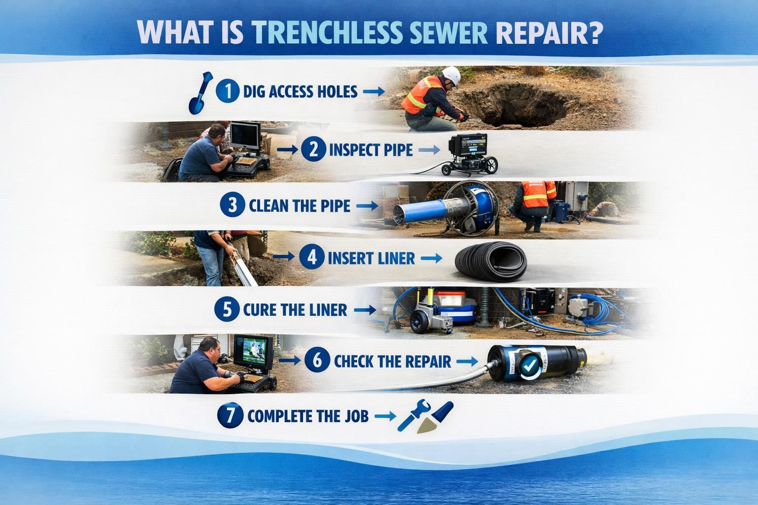 Infographic showing seven steps of trenchless sewer repair