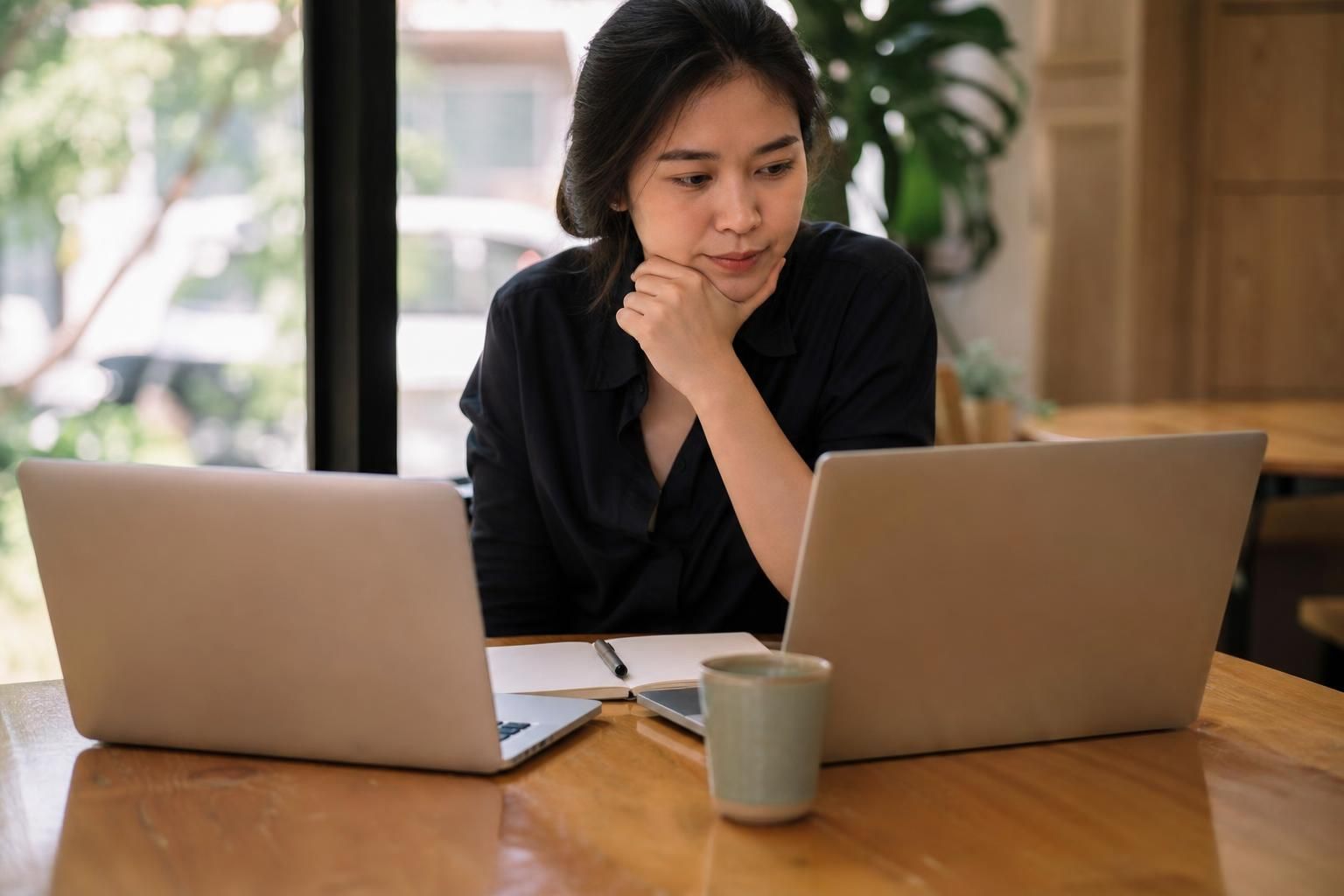 Woman compares two laptops with notebook and coffee on table