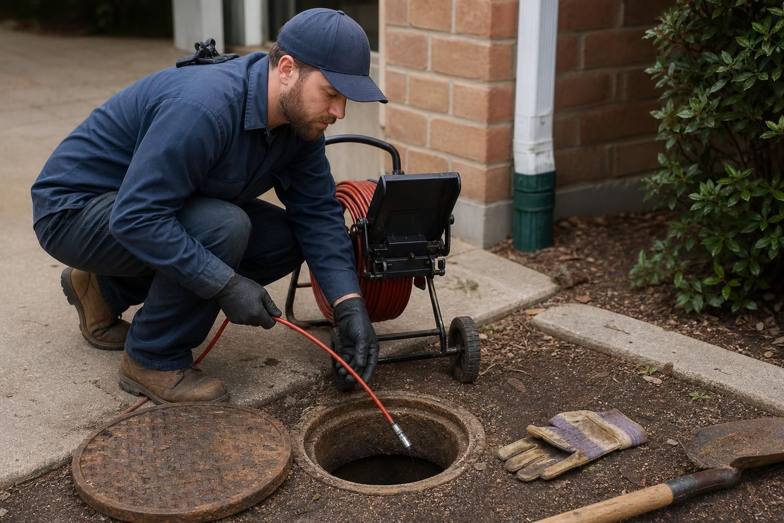Plumber feeds inspection camera into open sewer drain