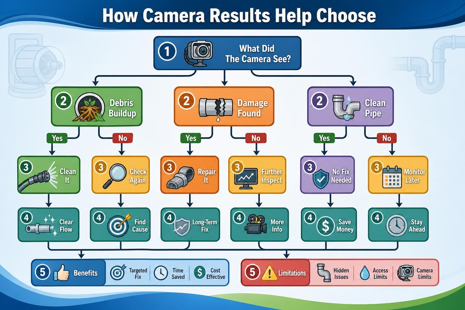 Flowchart shows sewer camera findings, debris buildup, pipe damage, and clean pipe options