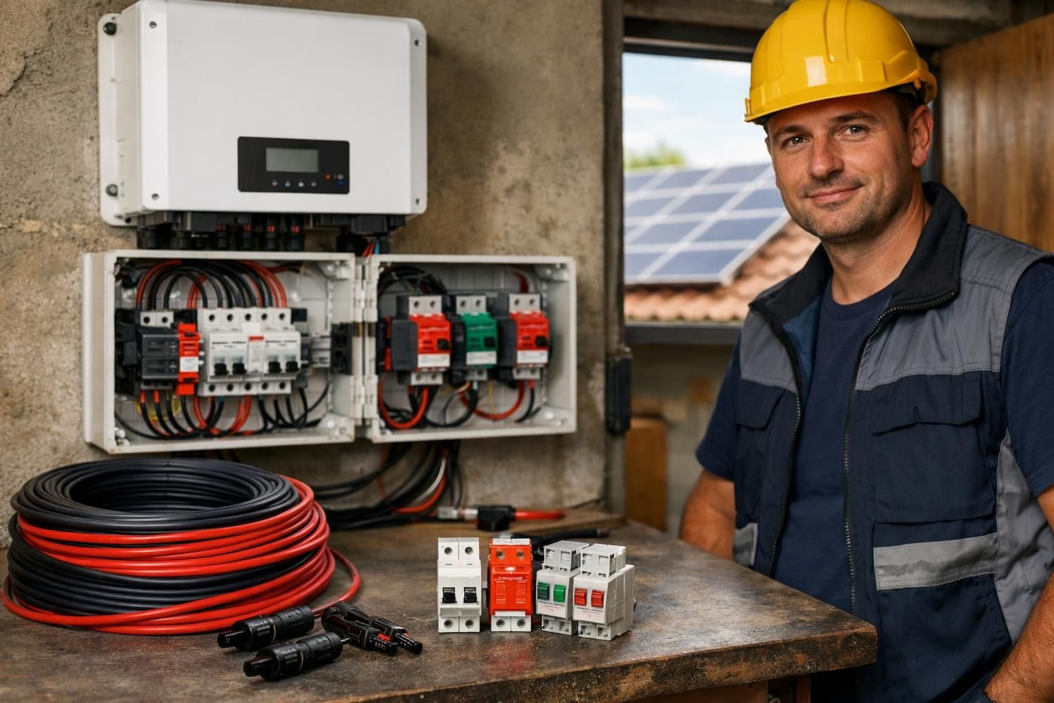 Electrician in yellow hard hat beside open breaker panel