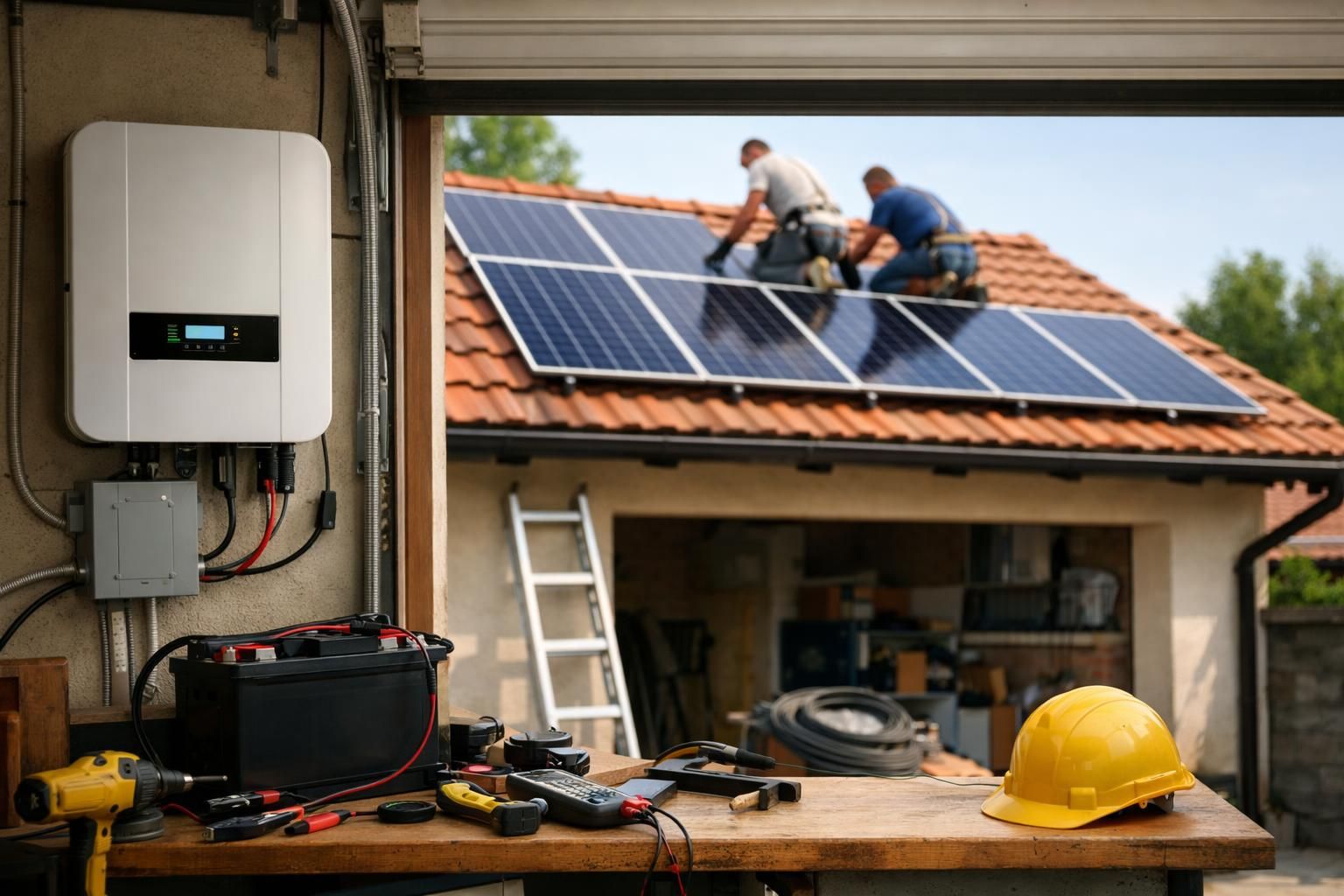 Solar inverter and tools in garage, workers installing roof panels