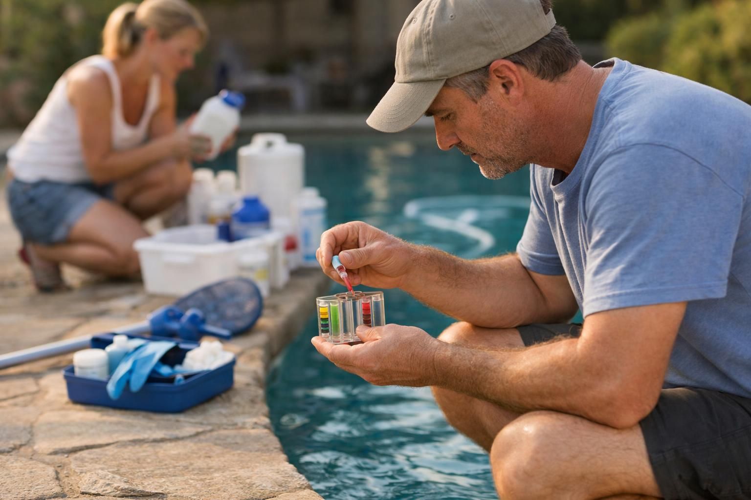 Man tests pool water with color kit by poolside