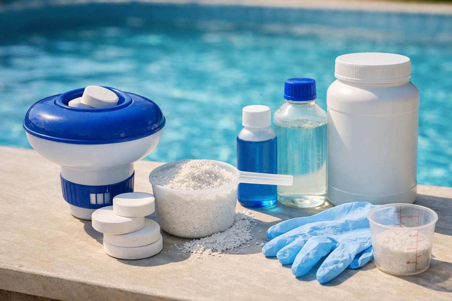Pool chemicals, test kit, gloves, and measuring cup poolside