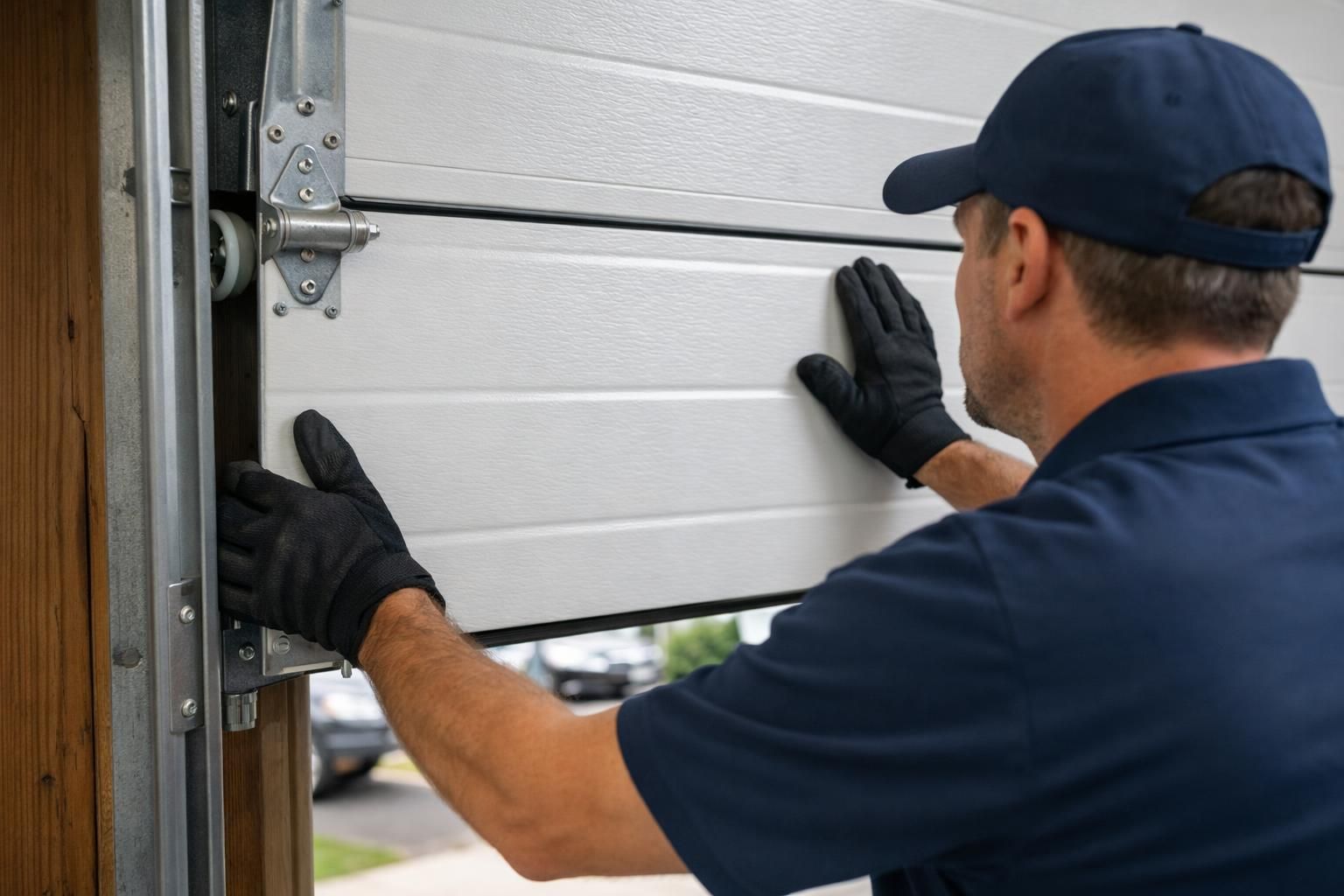 Technician in blue cap adjusting white garage door panel