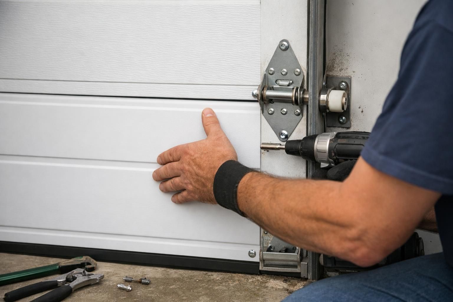 Technician using drill to repair white garage door hinge