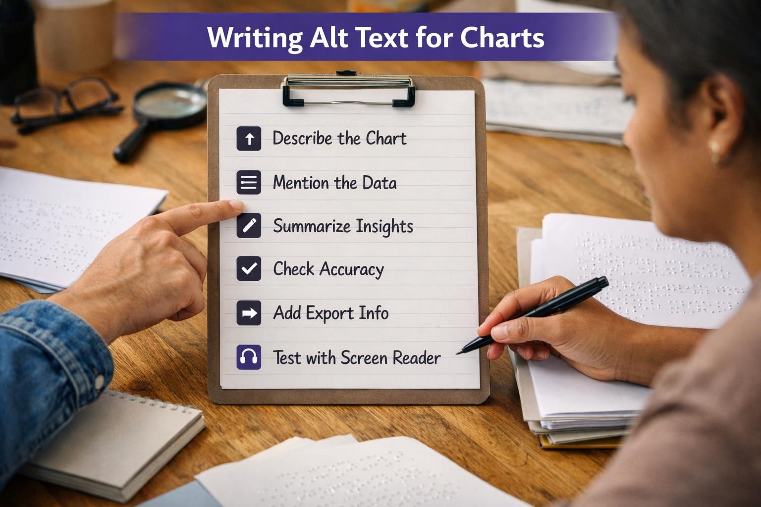 Hands point at checklist for writing chart alt text